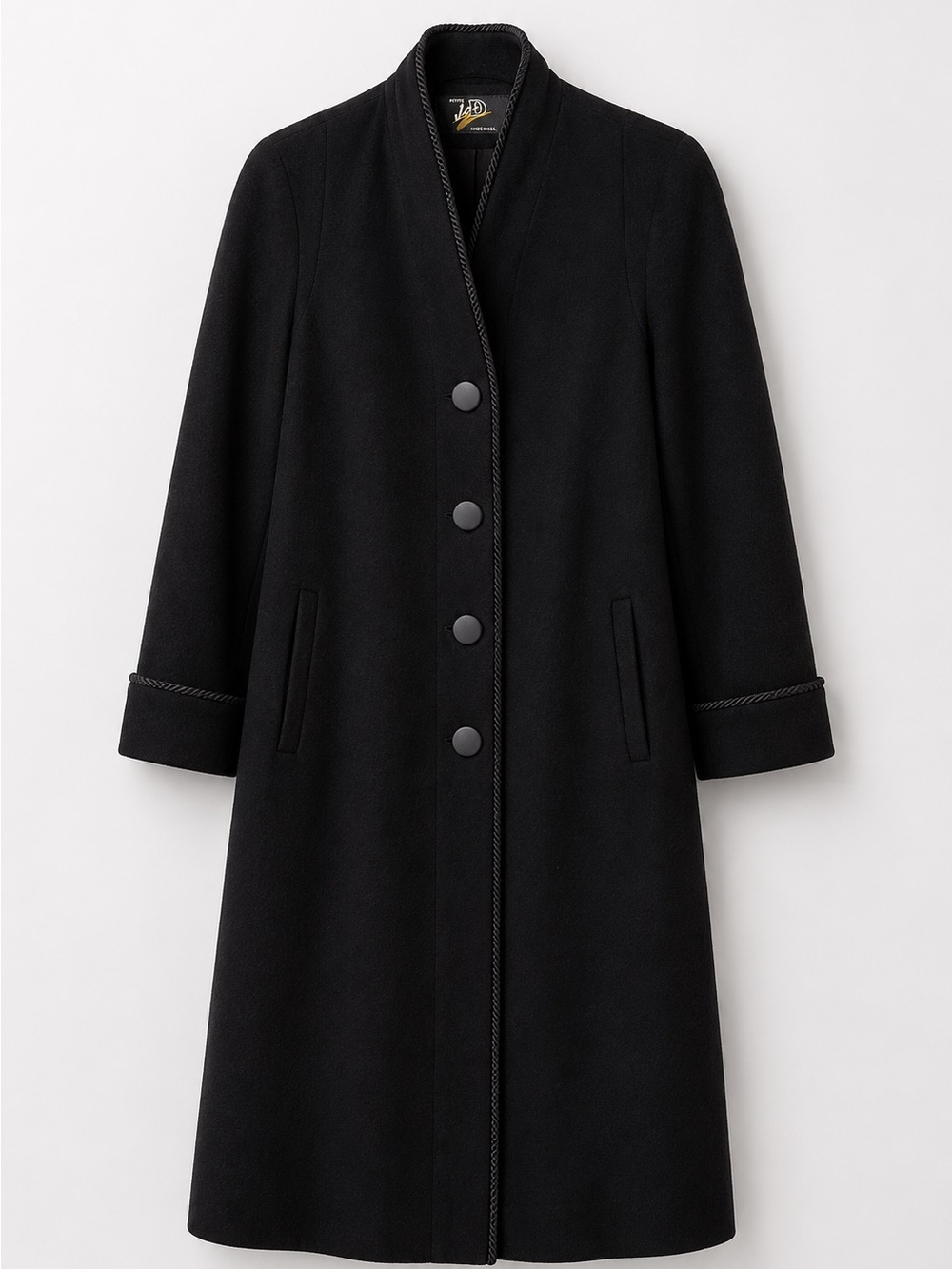 Vintage Pure Wool Black Coat Long Overcoat Size Small Petite Rope Piping